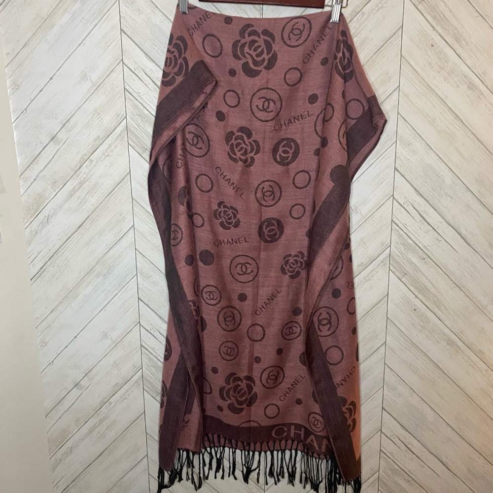 CHANEL Rosewood & Chocolate Logo Jacquard Fringe Shawl -